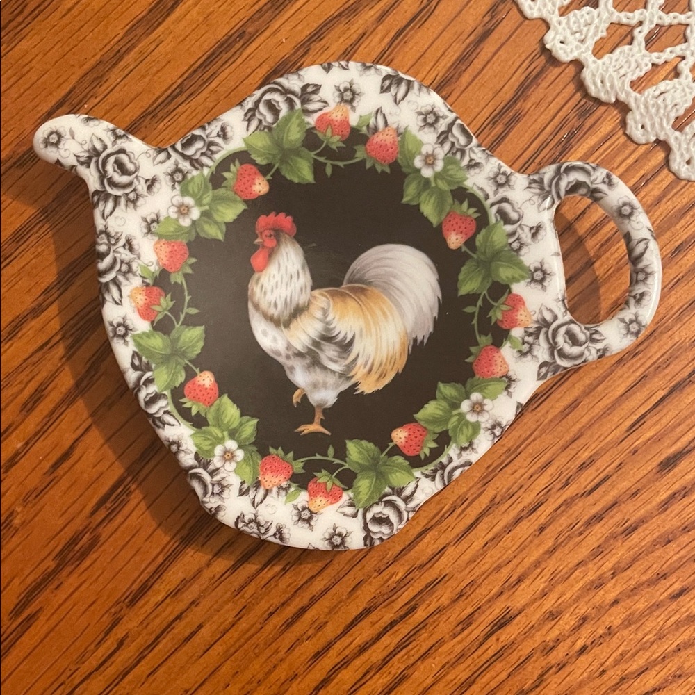 Vintage Italian Ceramic Teapot shaped TEABAG HOLDER Made in Italy Rooster